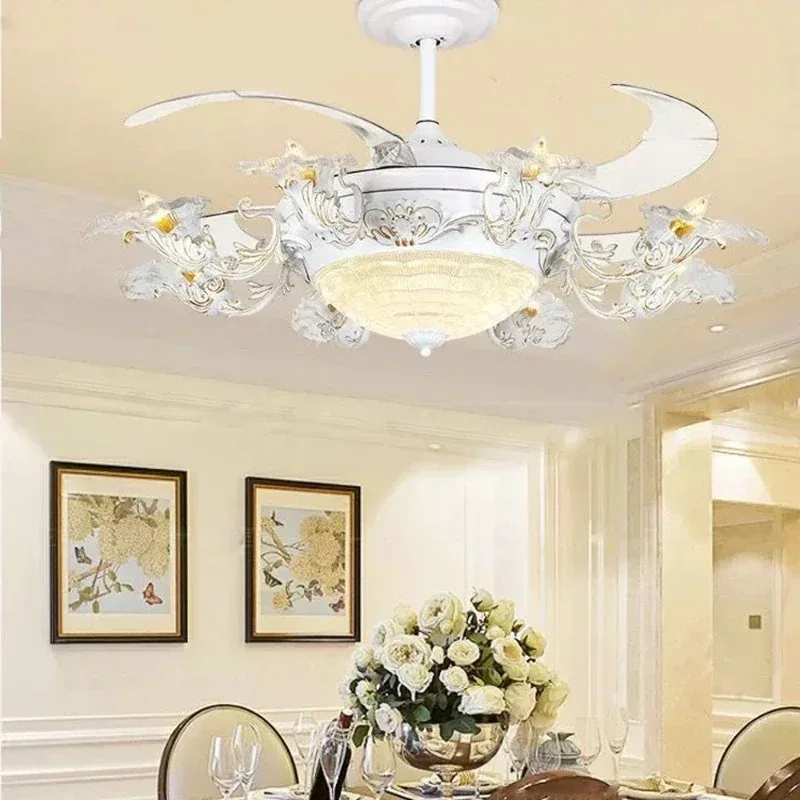 

【Hot Sale】Crystal New European Invisible Ceiling Fan Lamp Living Room Remote Control Retro Inverse Atmospheric Fan Chande