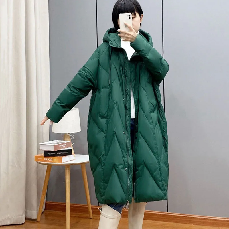 Oversized Women\'s Down Jacket Winter Warm Outerwear Snow White Duck Down Coat Female Casual Hooded Parker Overcoat Khaki 105KG