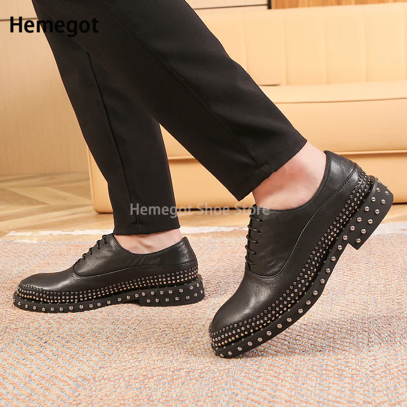 Silver Rivets Genuine Leather Business Men Dress Shoes Retro Patent Leather Oxford Shoes for Men Lace-Up Boots Eu Size 37-46