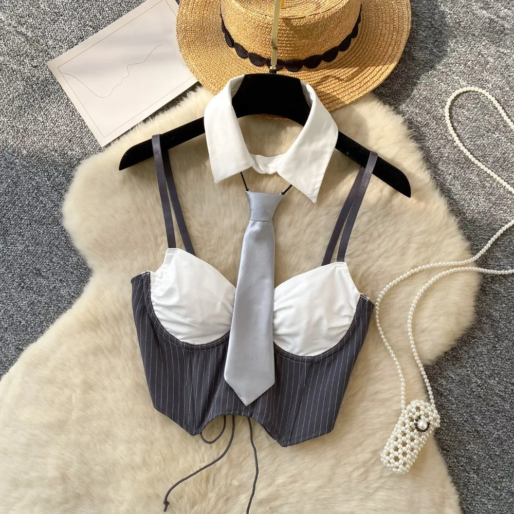 Trendy Polyester Crop Vest Spaghetti Strap Hollow Out Halter Top Sleeveless with Collars and Ties Backless Top Gift for Her