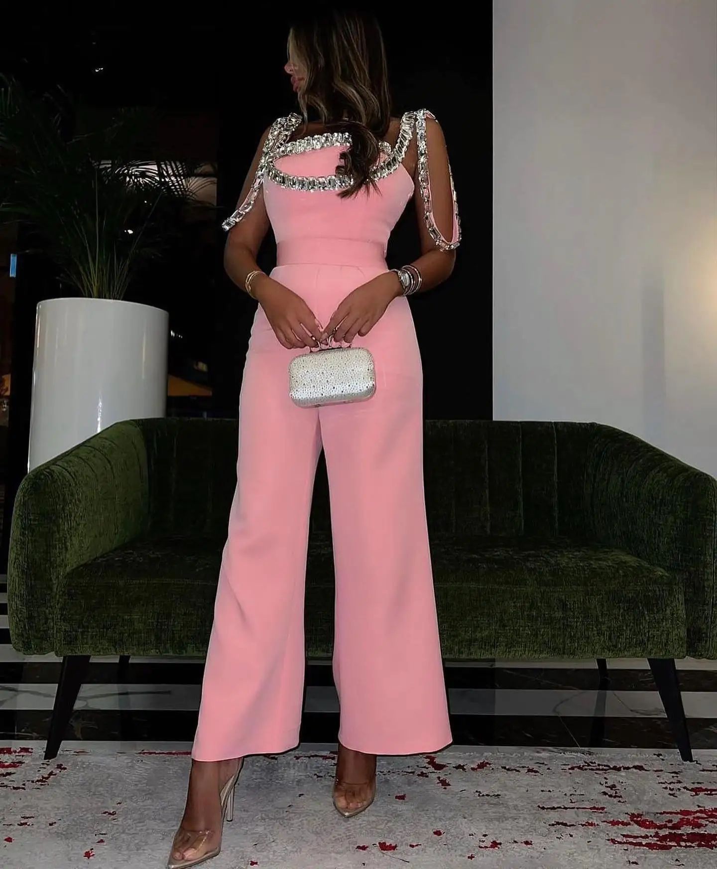 

Welove Pink Krystal Straps Wide Leg Jumpsuit Elegant Tube Top High Waist Belted Dressy Romper Party Clubwear Woman Dress