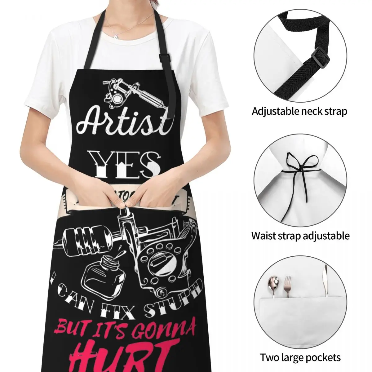 Adjustable Neck Strap Tattoo Artist Quote Apron with 2 Pockets Stain Resistant Tattooist Tattooer Accessories Apron Gifts