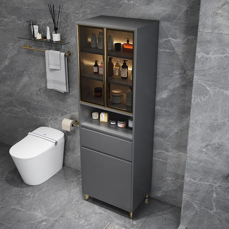 Light luxury intelligent induction bathroom side cabinet Modern simple solid wood vertical cabinet Toilet floor toilet storage