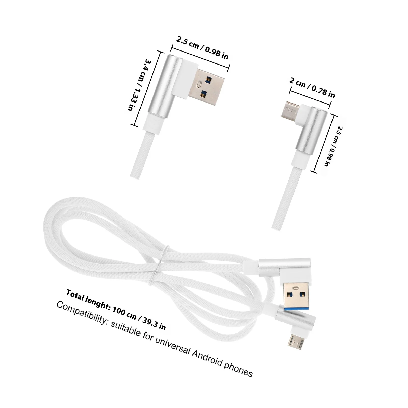 90 Degree Micro USB 1m Braided Cable 2.4a High Speed Data Transfer Durable Aluminum Casing for Phone Grey