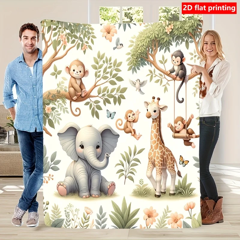 2D Flat Printing 1pc Comfortable Cartoon Elephant Giraffe Monkey Animal Theme Pattern Printed Fleece Blanket, Soft And Warm, Per