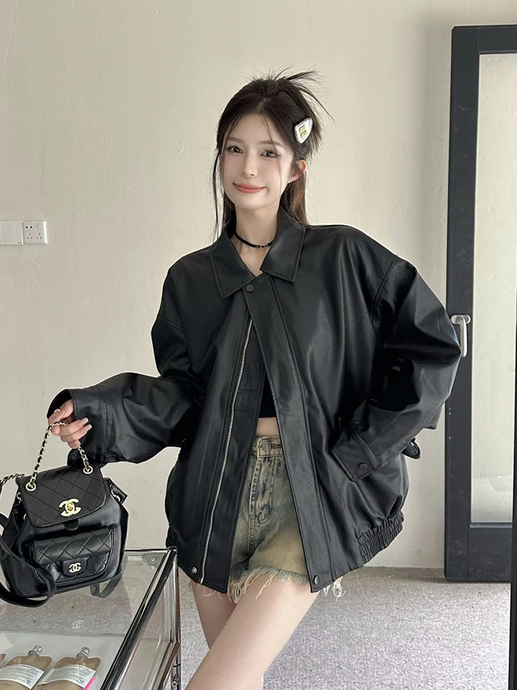 American Coffee Colored Leather Jacket Women's Winter Black Sweet Cool Style Motorcycle PU Leather Loose Long Sleeved Top