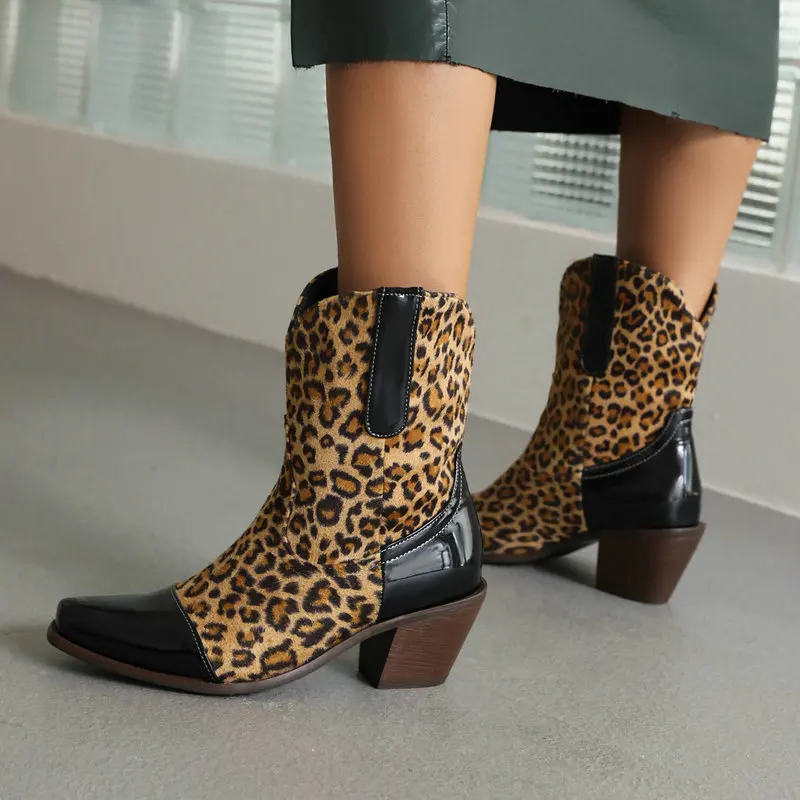 

Leopard Print Patchwork Western Cowboy Botines Square Chunky Heels Plus Size 47 48 12 13 Womens Winter Ankle Wide Calves Boots