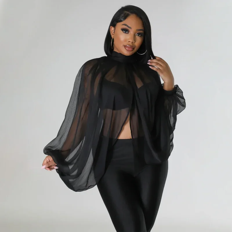 

KEXU Soild Chiffon Batwing Long Sleeve Front Split See Though Loose Sexy Party Club Blouse Women Fashion Shirt Tops