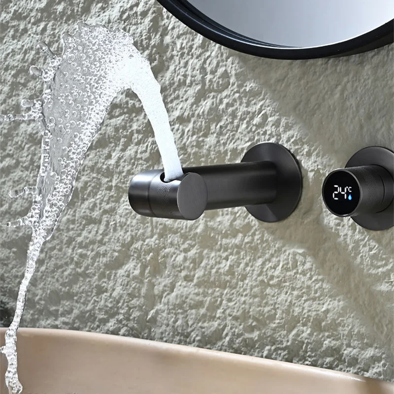 

Single Handle Bathroom Sink Faucets Wall Mounted Rotatable Washroom Sink Faucet Dual Hole Vanity Cold Hot Mixer Taps Gray