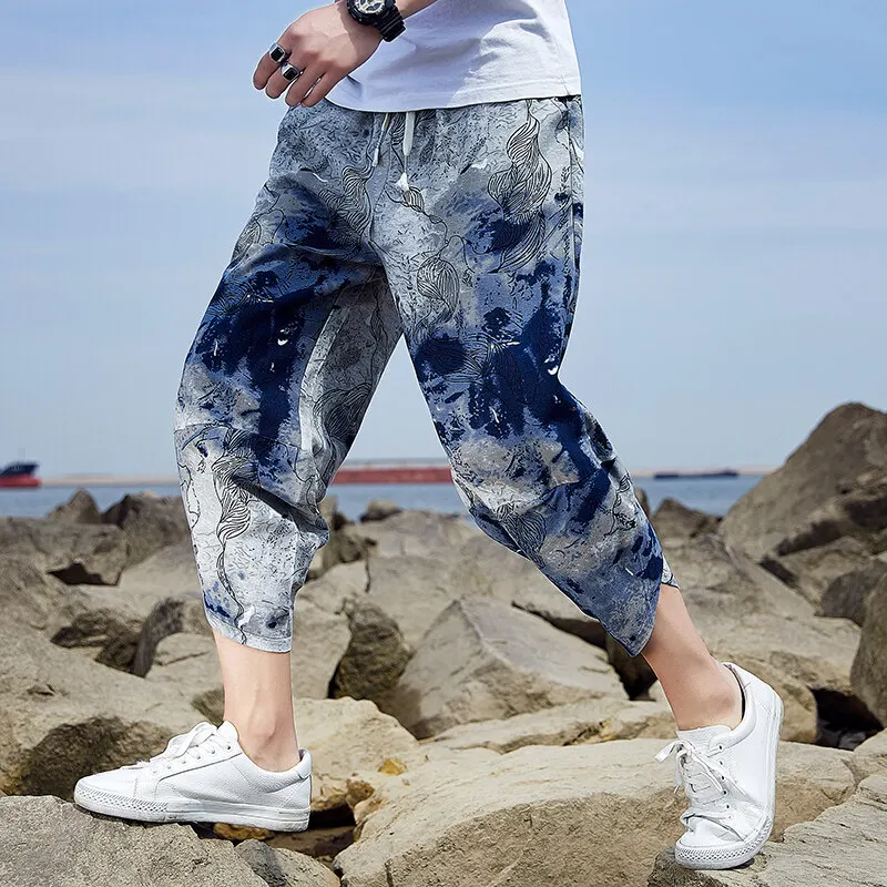 Moda 2025, pantalones hasta la pantorrilla de pierna recta para hombre de verano, pantalones cortos informales sueltos y transpirables, ropa deportiva de calle juvenil, pantalones Harun