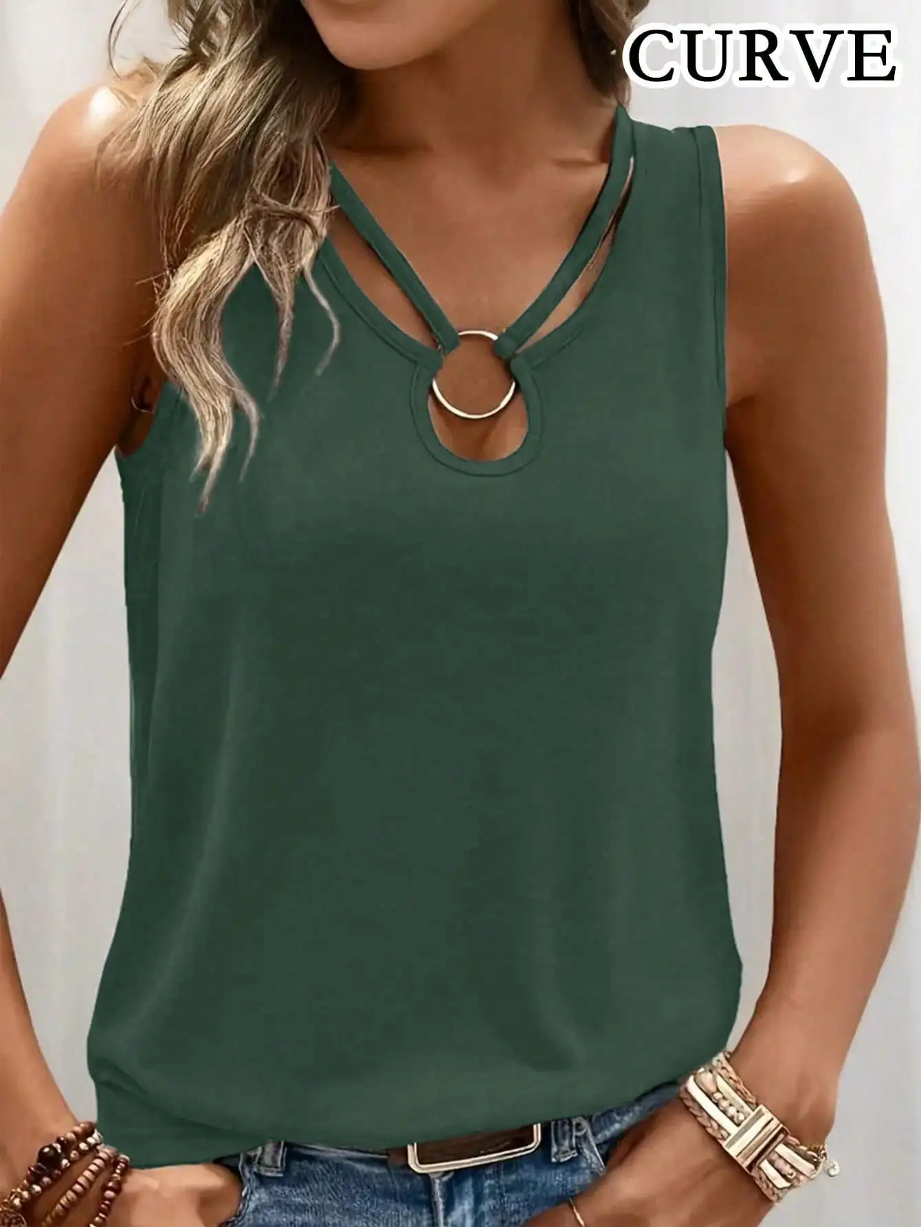 Tank Top Tanpa Lengan Warna Solid Fashion Wanita Ukuran Besar 1XL-5XL Atasan Kerah V Musim Panas Tank Top Kasual Wanita