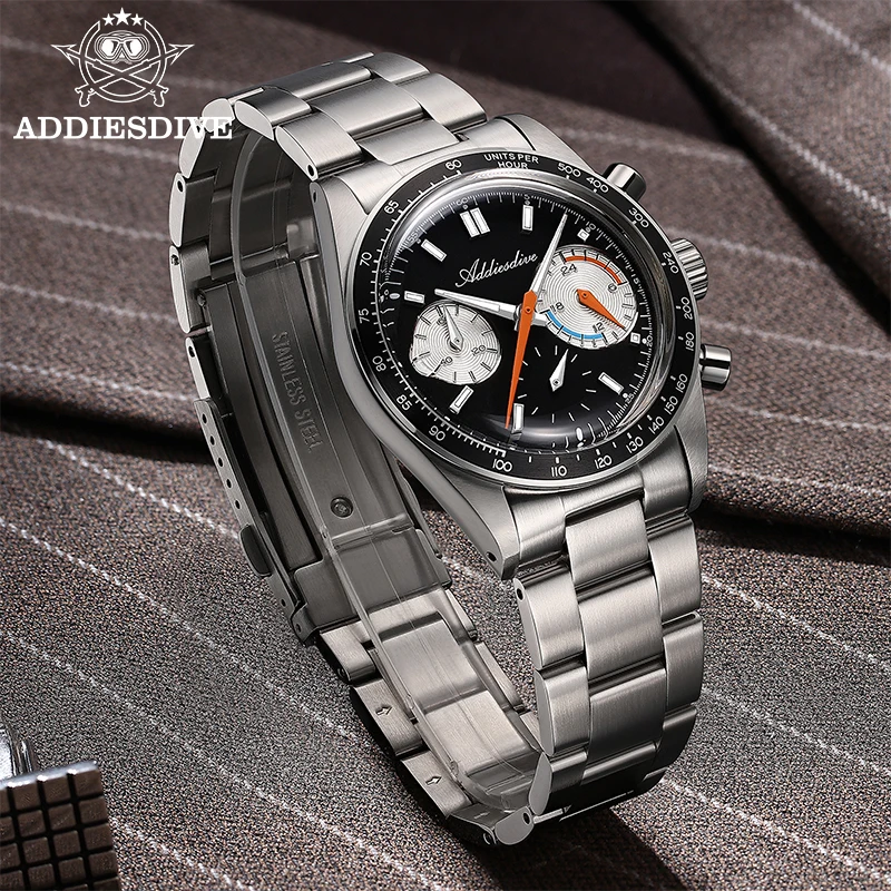

ADDIESDIVE Luxury Men Quartz Chronograph Watch VK63 Bubble Dome Crystal Racing Dial BGW9 Luminous Stainless Steel Wristwatch