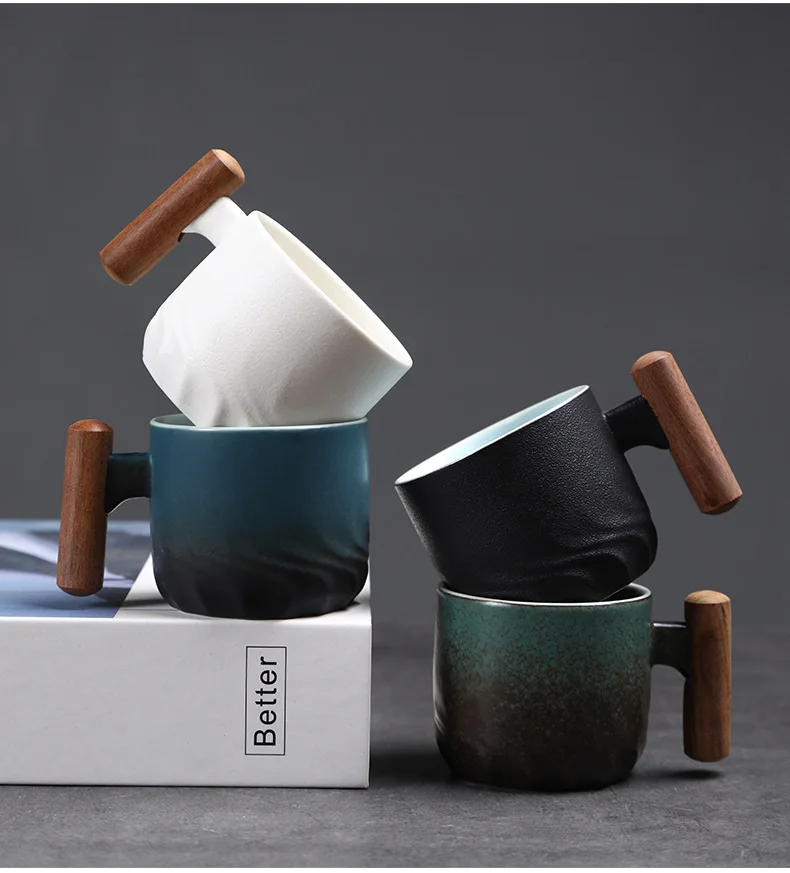 Espresso Cup with Creative Wooden Handle Retro Coarse Pottery Latte Tea Cup Vintage Ceramic Afternoon Tea Cup