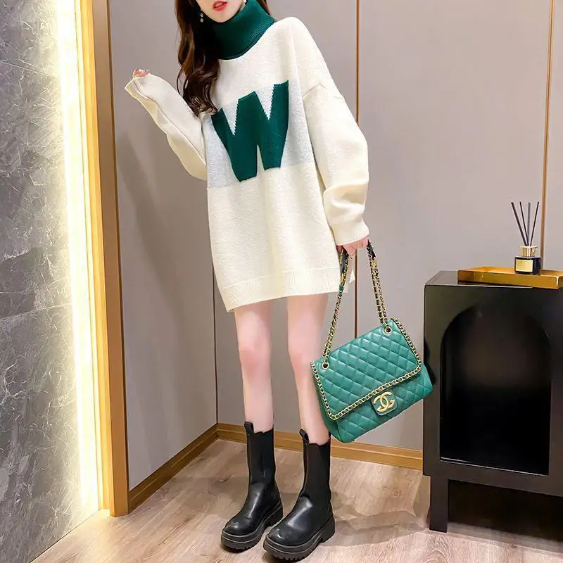 Korean Letter Knitted Jumpers Fashion Jacquard Weave Autumn Winter Casual Loose Women's Clothing Turtleneck Commute Sweaters New