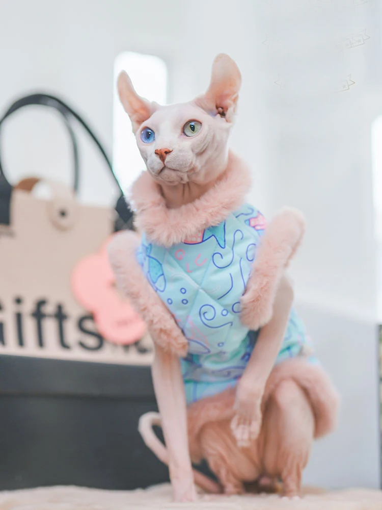 Soft Cotton Coat With Fur for Sphynx Cat Clothes Pink Sweatshirt for Kittens Sweet Costume Sleeves for Female Cats in Winter