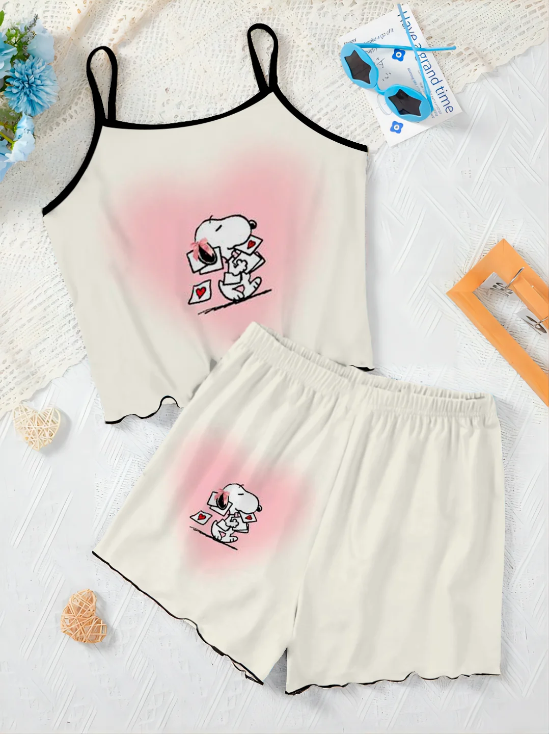 Slip Kleid Luxus elegante Frauen Sets Top Pyjama Rock T-Shirt Snoopy Salat Trim Stücke kurze Anzug Hosen Set Frau Chic Home