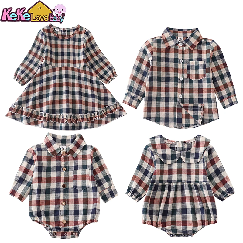 Brother Sister Girls Kids Dress Matching Clothes 2024 New Lattice Long Sleeve Boys T-shirt Shirt Children Clothing Baby Romper