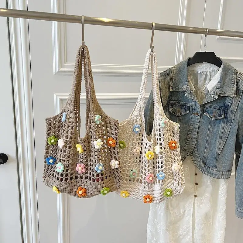 

Harajuku Style Flower Hollow Knitted Shoulder Bag Large Capacity Crochet Bag Fresh Casual Beach Handbag For Women Gifts