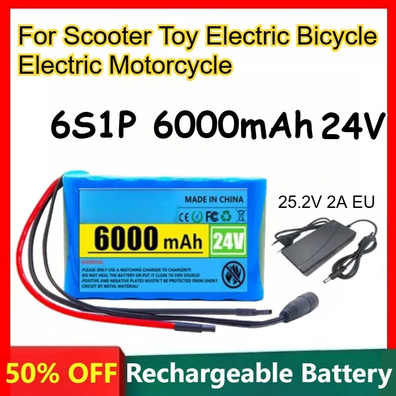

6S1P 24V 6000mAh 18650 Lithium Battery for Scooter Toy Electric Bicycle Electric Motorcycle Rechargeable Batteries +EU Charger