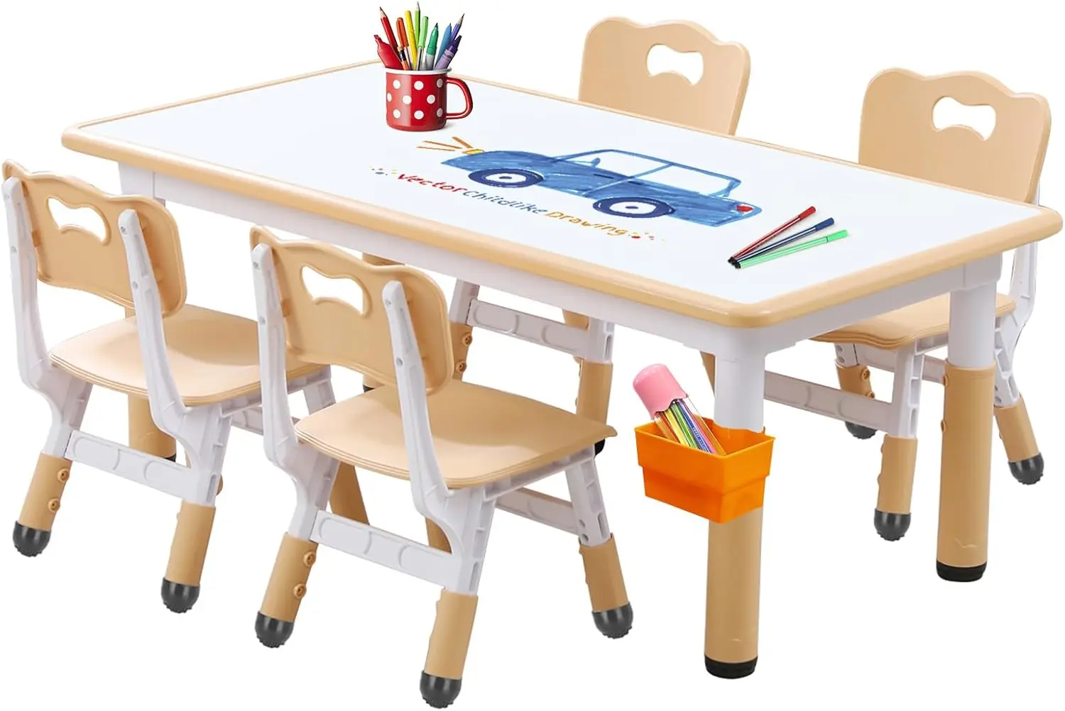 Kids Table and Chair Set, Adjustable Kids Table, Non-Slip Table Legs&Organizer, Graffiti Desktop, S