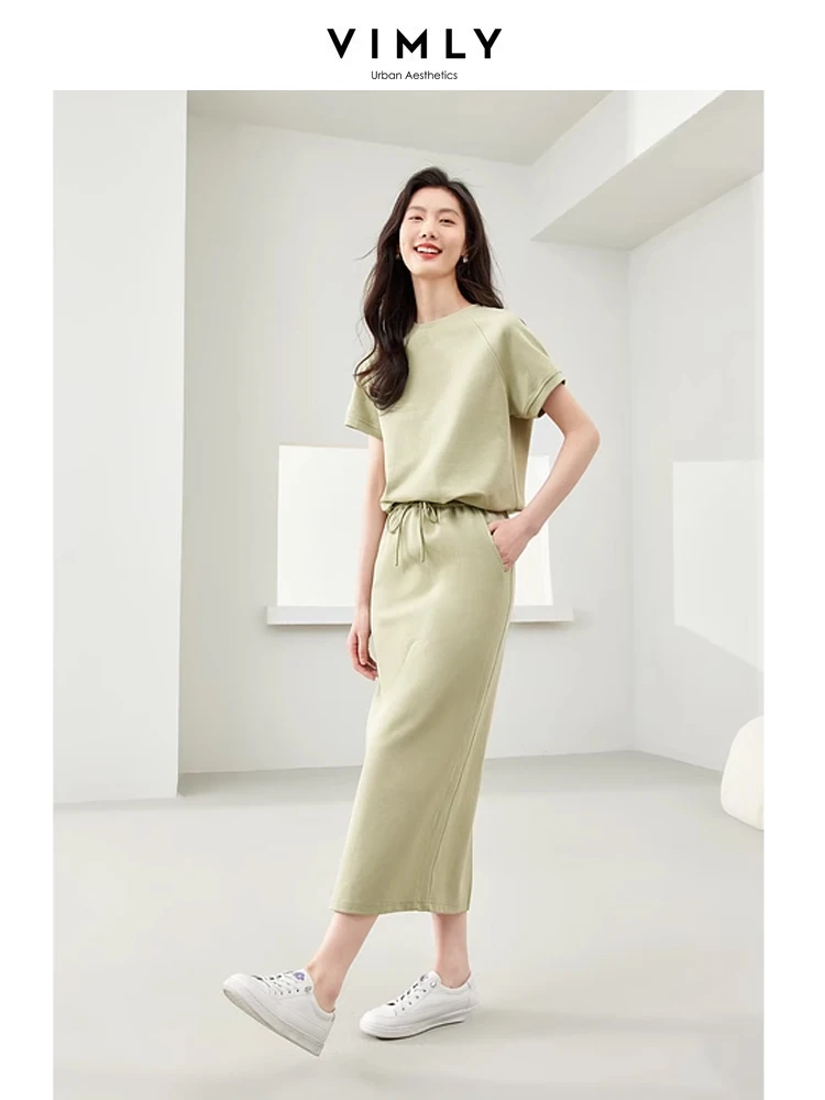 Vimly Simple Casual Skirt Sets 2024 Summer Women's Outfits O-neck Short Sleeve Top Drawstring Split Midi Skirt 2 Piece Set M7135