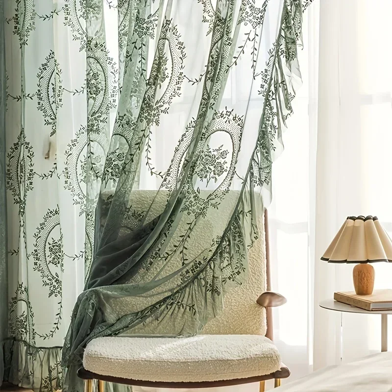 Vintage Green Floral Embroidery Sheer Curtain Romantic Ruffled Lace Voile Window Draperies for Bedroom Kitchen Window Treatment