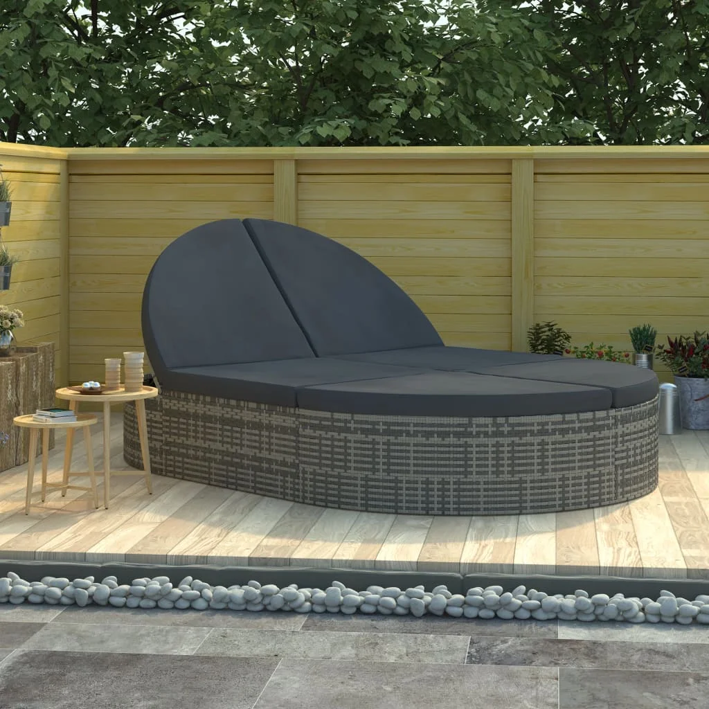 Chaise longue 2 places avec coussins, en résine tressée grise, pour extérieur, transat inclinable, lit de repos pour jardin et terrasse