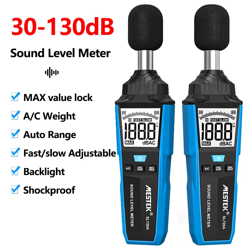 Sound Level Meter 30~130dB Decibels Noise Audio Measuring Max Value Data Hold A/C Weighting Fast/Slow Adjustable Noise Meter