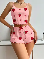 Women's Strawberry Print Ribbed Knit Ice Silk Camisole Pajama Set Comfortable Two-Piece Sleepwear for Summer