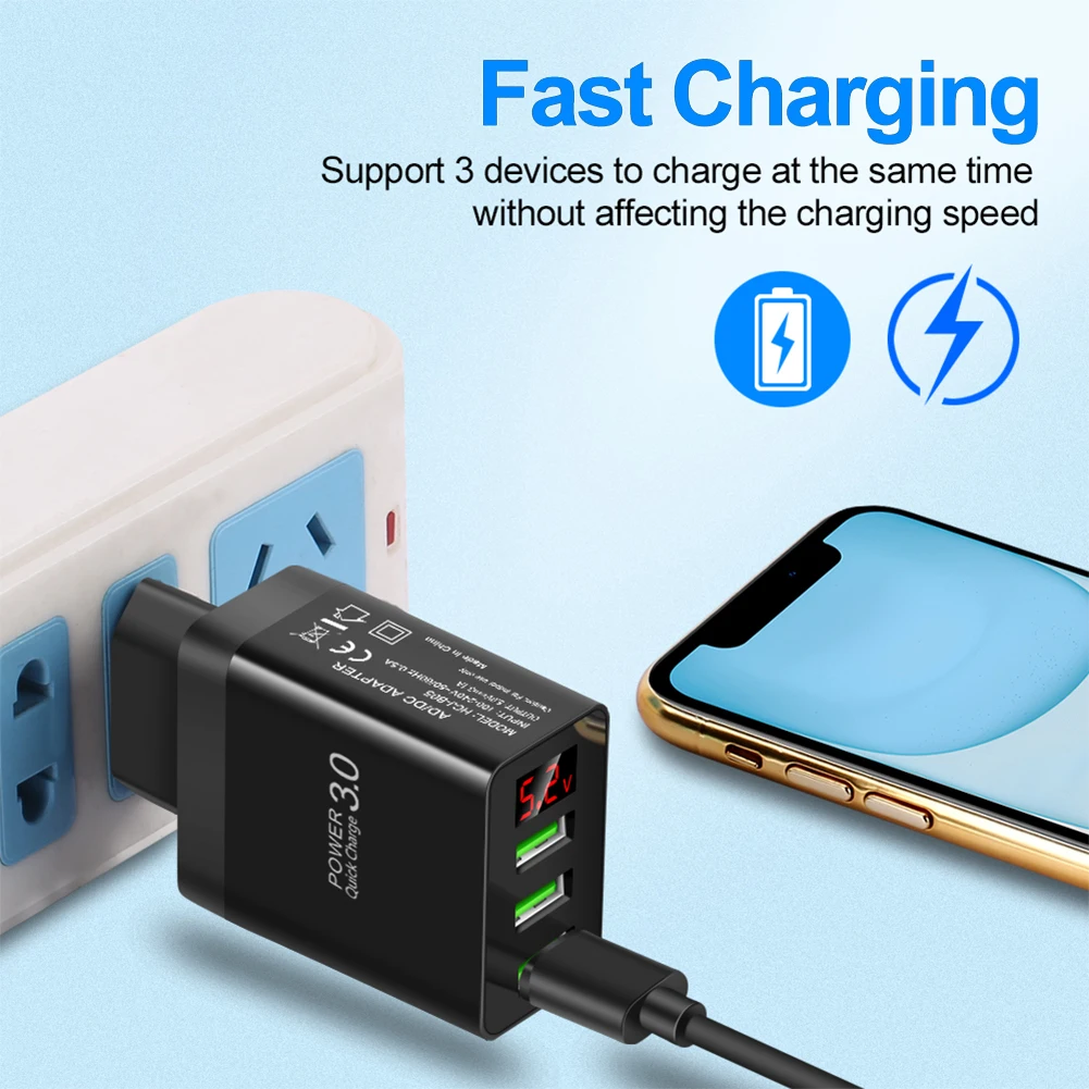 3-portowa ładowarka USB 3.1A Quick Charge 3.0 do iPhone 13 12 11 Xiaomi Samsung Digital Display Szybkie ładowanie Ładowarki ścienne do telefonu