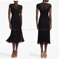 Women Round Neck Cape Sleeve Pleated Midi Knit Dress Trumpet Dress