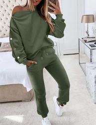 Casual Two Piece Set for Women Green Commuter Slant Collar Button Long Sleeve Loose Top Pocket Slimming Women's Sports Pants Set