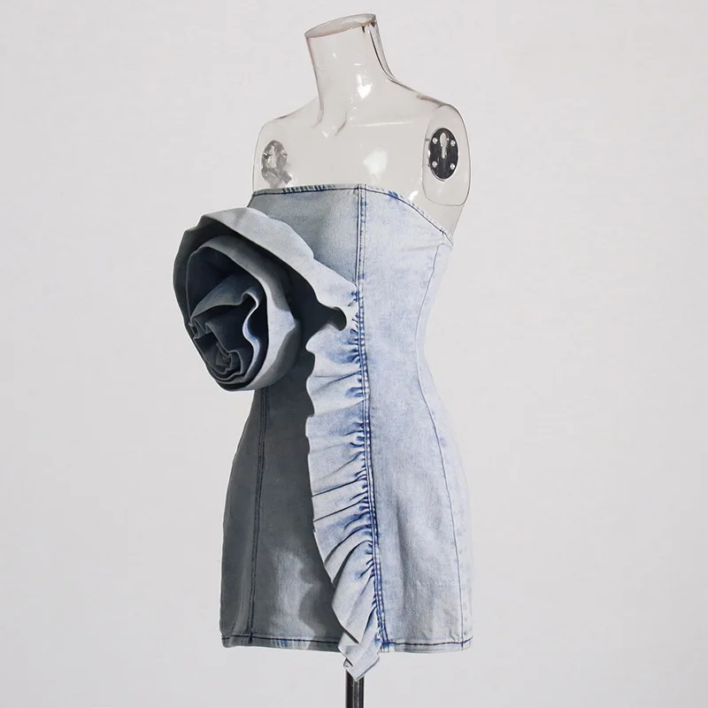 ANJY 2025 Summer New Women's High Street Fashion Original Deslgn Sexy Pleated Ruffles Strapless Slim Fit Short Denim Dress A7119