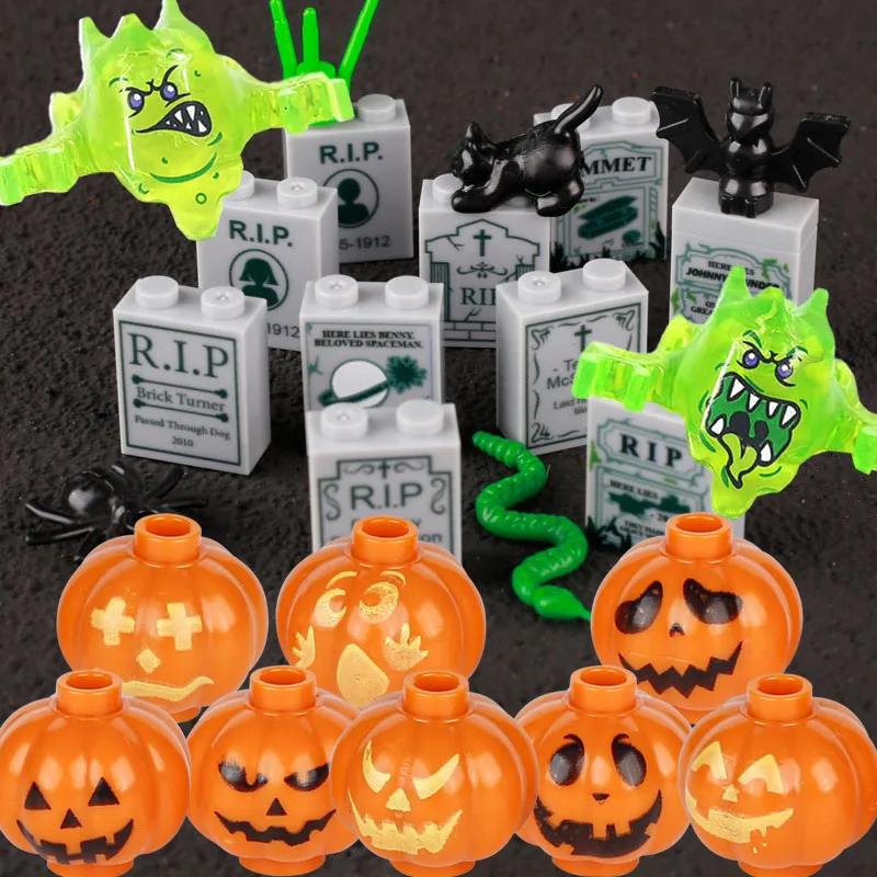 MOC Halloween Pumpkin Head Cover Building Blocks Kit Ghost Headgear Green Evil Spirits Accessories Bricks Toys Boys Gift