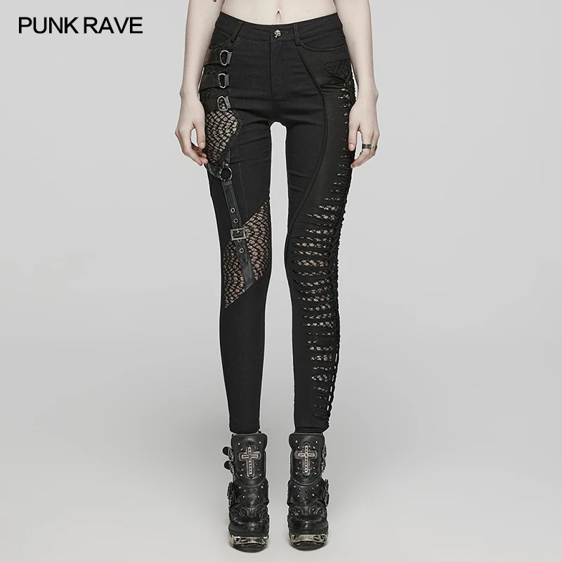 PUNK RAVE Women's Punk Recombined Asymmetric Pants Personality Irregular Slim Black Leggings Female Trousers Spring/Autumn