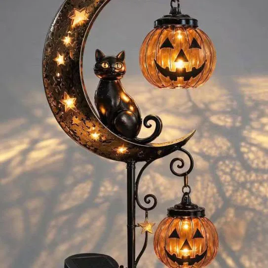 Lámpara de jardín con forma de gato negro y calabaza para Halloween, decoración para el jardín, lámpara de estaca, luz para exteriores, resistente al agua, estaca de calabaza de metal.