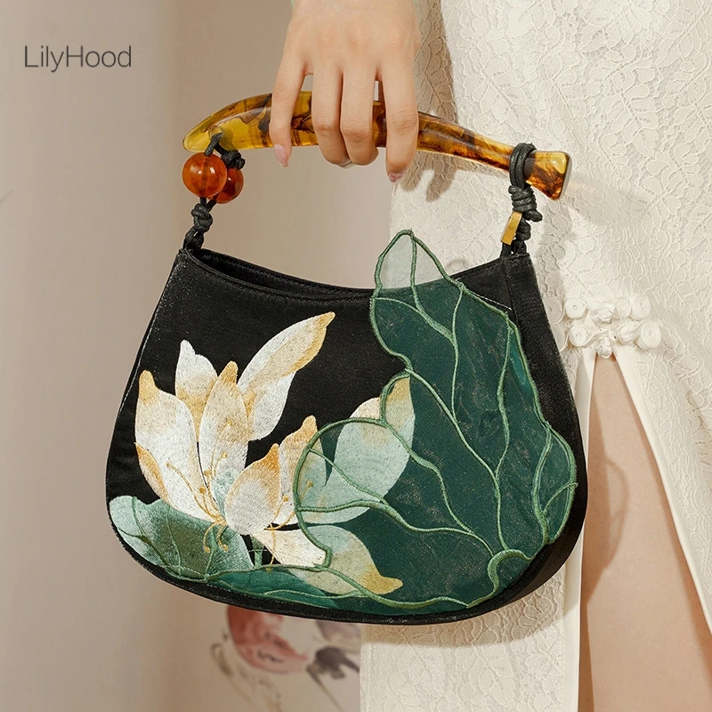 Women Vintage Floral Embroidery Fabric Medium Size Handbag 2025 Retro Chic Chinese Stylish Cottagecore Evening Shoulder Bag