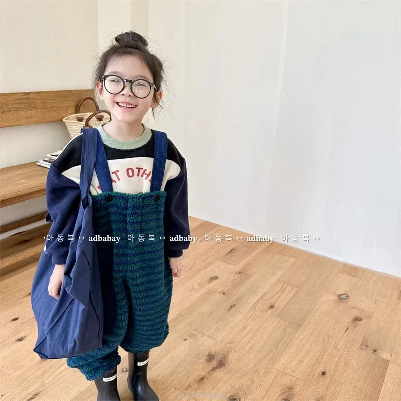 

Winter Children's Korean Style Girl Suspender Pants Romper Baby BoySleeveless Kids Clothes Overall Fleece Lining Thick Jumpsuit