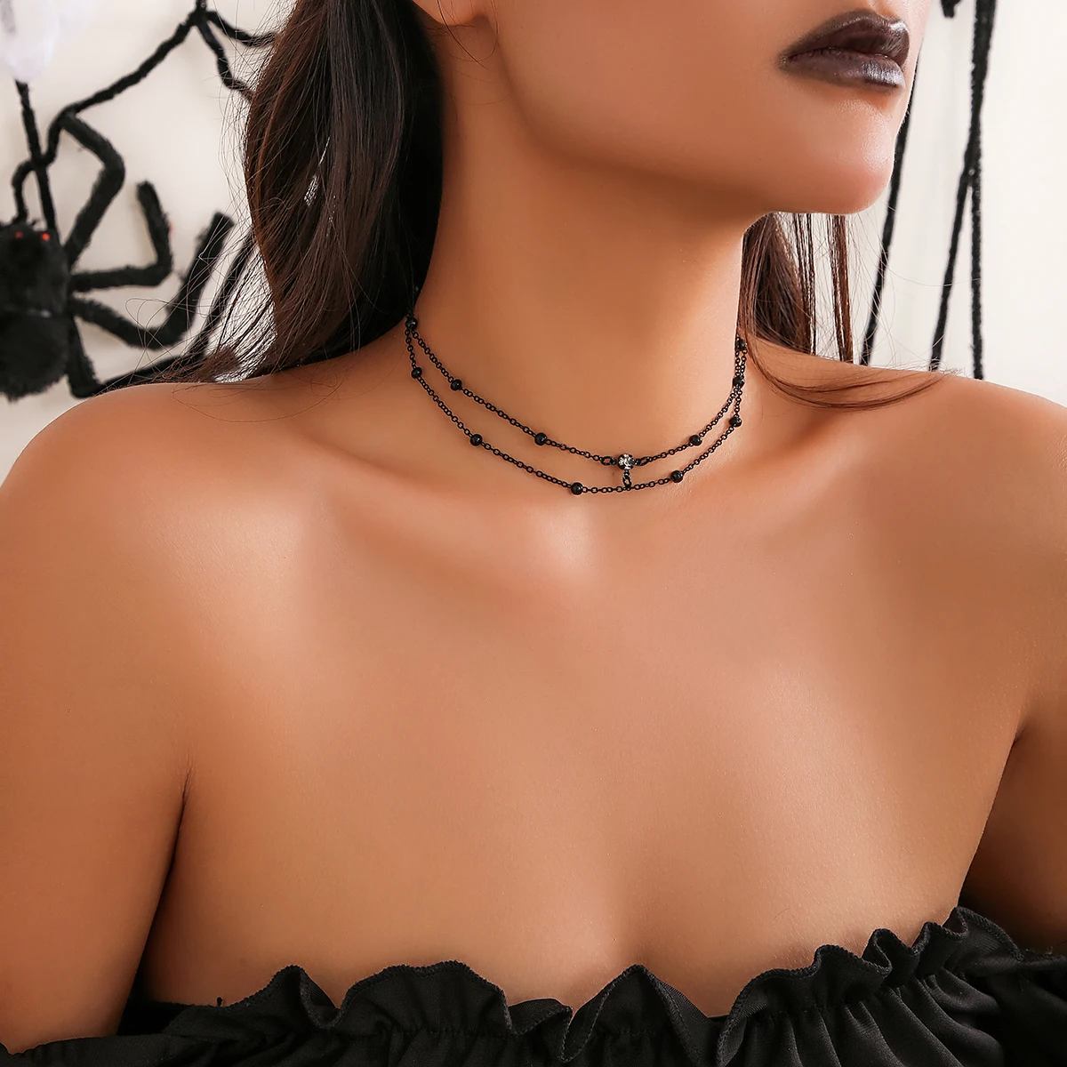 Multilayer Gothic Black Thin Chain Zircon Choker Necklace for Women Vintage Simple Clavicle Link Halloween Jewelry Accessories