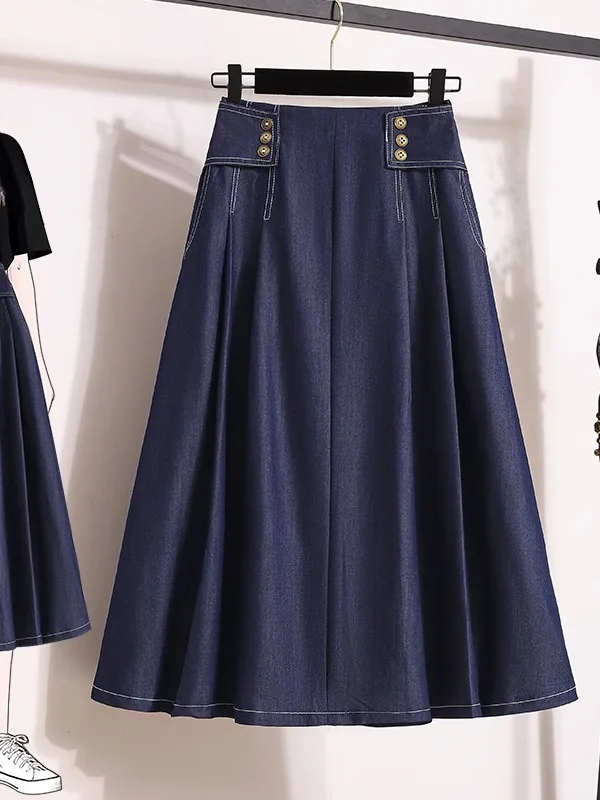 

High Waist A-Line Skirt Women's Summer Thin Lyocell Denim Half Skirt Trendy Commute Style Midi Skirt Pure Color