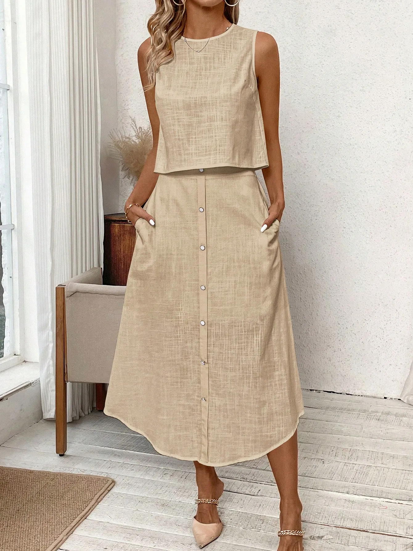 2024 new Europe and the United States cross-border linen suit breathable sleeveless round collar vest ➕ half skirt two-piece set