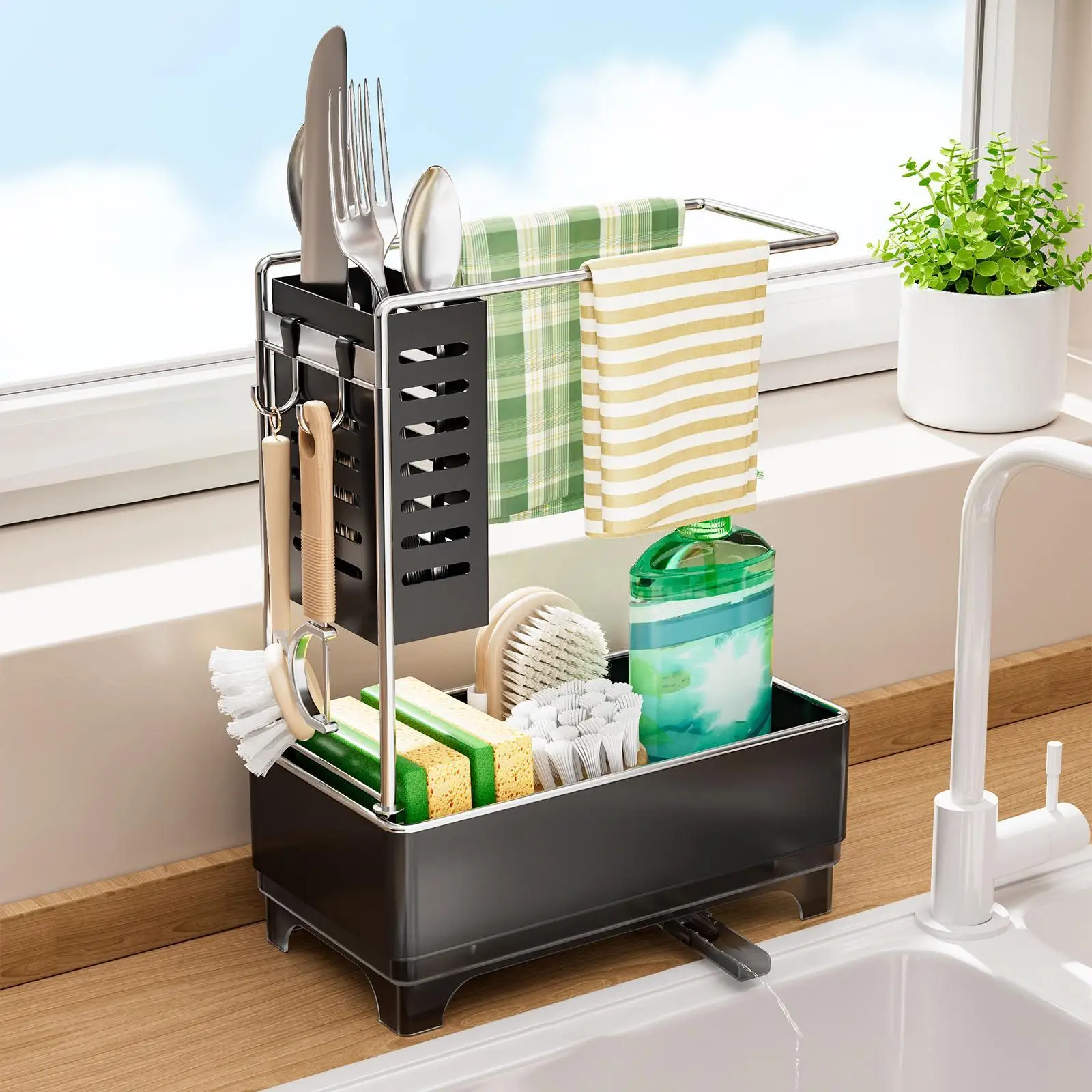 Kitchen Sink Organizer Storage Essentials Black Counter with Auto Drain Tray
