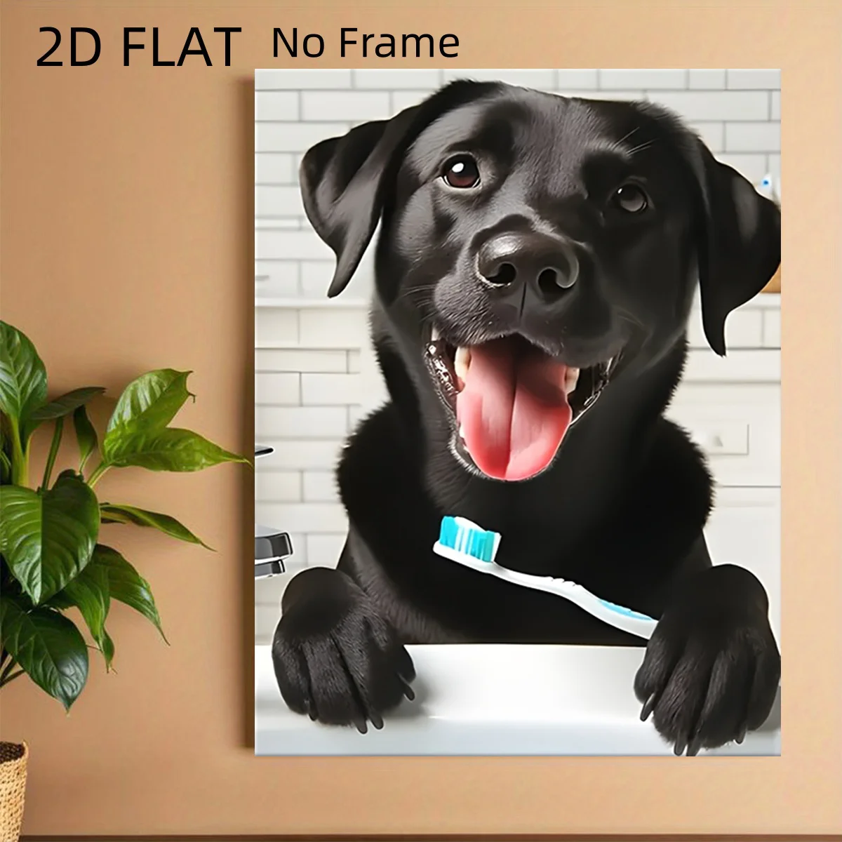 2D Flat, 2D Flat, 2D Flat No Frame Funny Black Labrador Dog Brushing Teeth, Frameless, Retro Style Wall Decor, Suitable for L