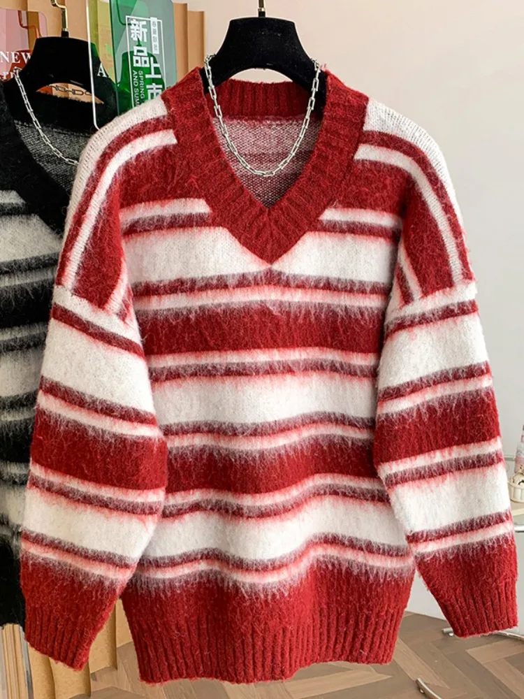 Luźny sweter damski z dekoltem w serek, w paski, z blokami kolorów, zimowy, casualowy, dzianinowy top, wygodny, miękki, średnio cienki, długi sweter