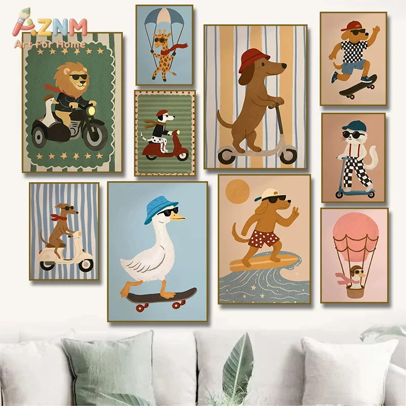 AZNM Retro Cool Sport Animal Canvas Wall Art Print, Lion Dog Duck Giraffe Skate Scooter Surf Cartoon Kids Playroom Nursery Decor