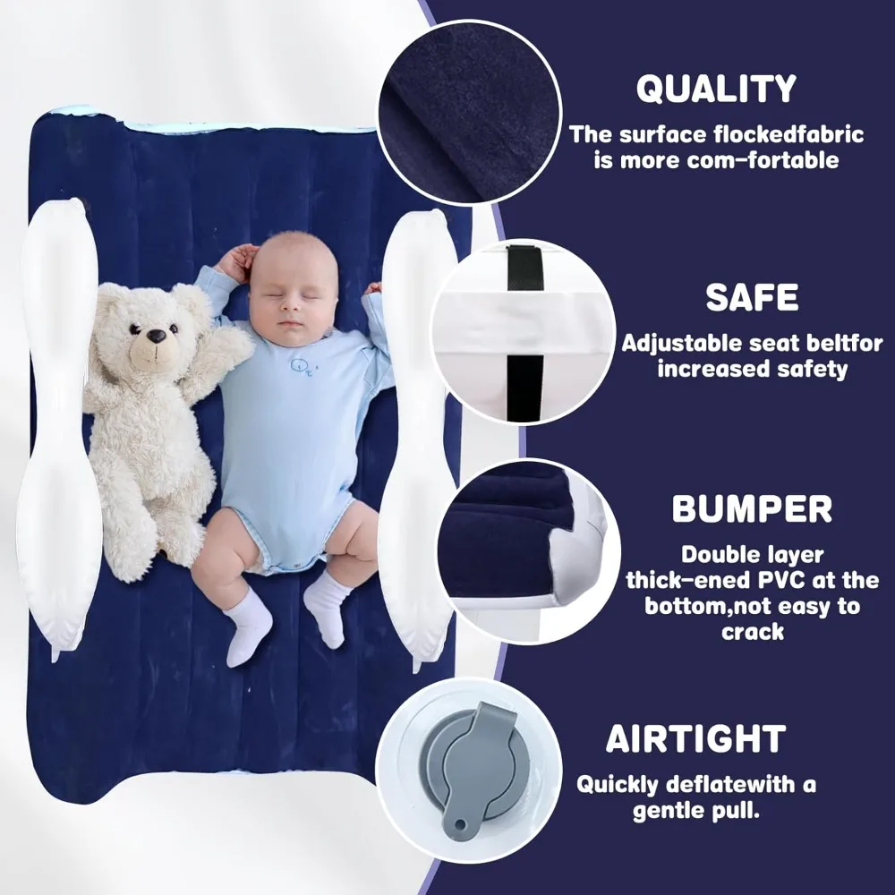 Cama inflable para avión para niños, camas de viaje para avión para niños de 3 a 5 años (azul oscuro), cama de viaje inflable para niños pequeños con bomba, cinturón de seguridad