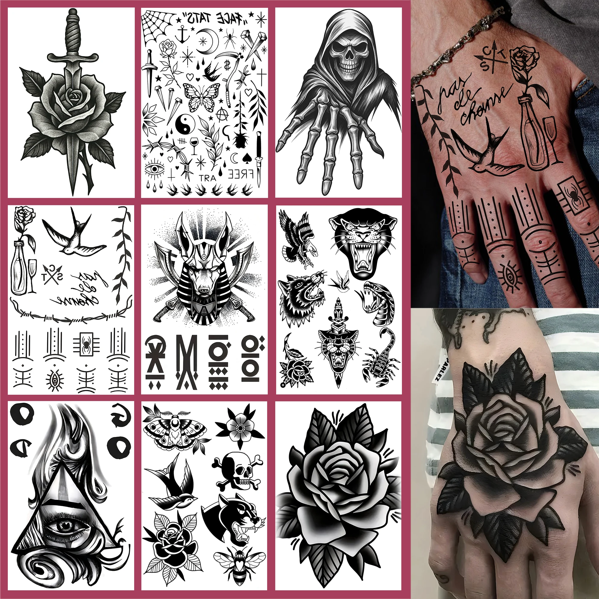 1 Sheet 3D Eye Skeleton Rose Skull Temporary Tattoos For Adult Hands, Temp Fake Tattoo Stickers Long Lasting Realistic Tatoos