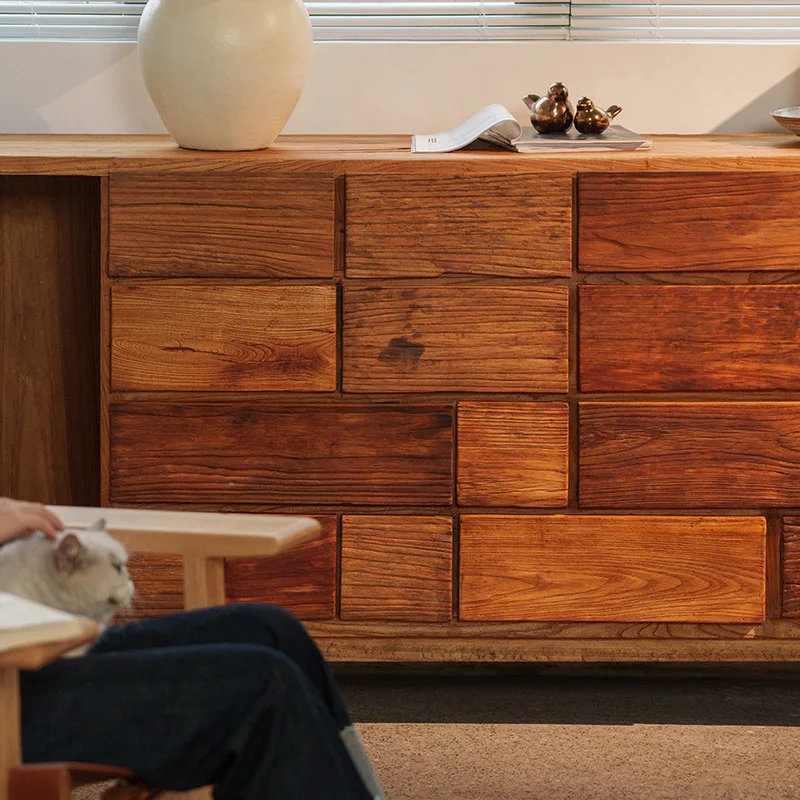 

Wabi Sand Wind All Solid Wood Retro Elm Bucket Cabinet Medieval B & B Club Storage while eating