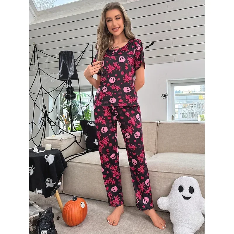 Summer Short Sleeve Pajamas Women\'s Simulation Silk Cool Homewear Halloween Printed Pants Set Pijamas Women Pijamas De Mujer