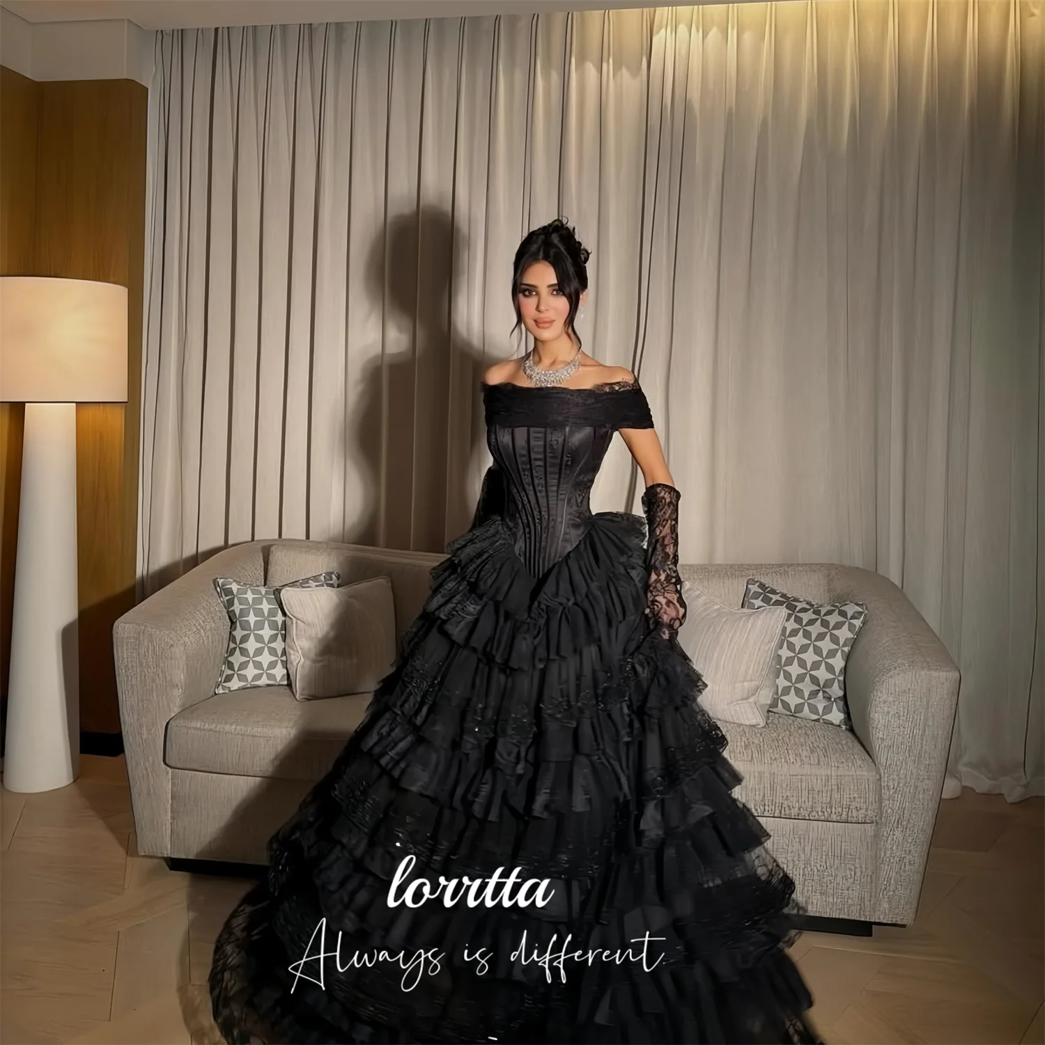 

Evening Dress European Black Lace Ball Gown Ruffles Formal Events Lorrtta Full Floor Length 2026 Customized Robes de Soirée